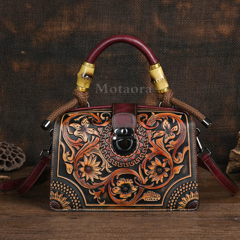 Floral Engraved Handmade Leather Handbag