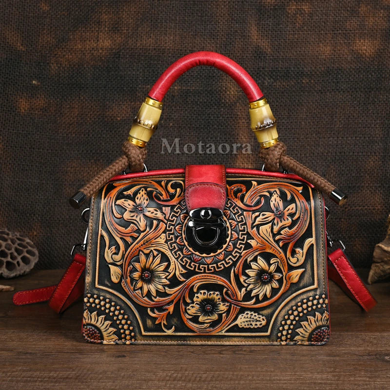 Floral Engraved Handmade Leather Handbag