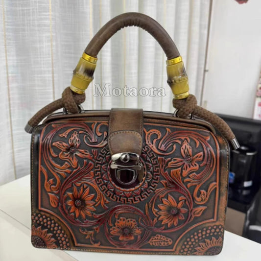 Floral Engraved Handmade Leather Handbag