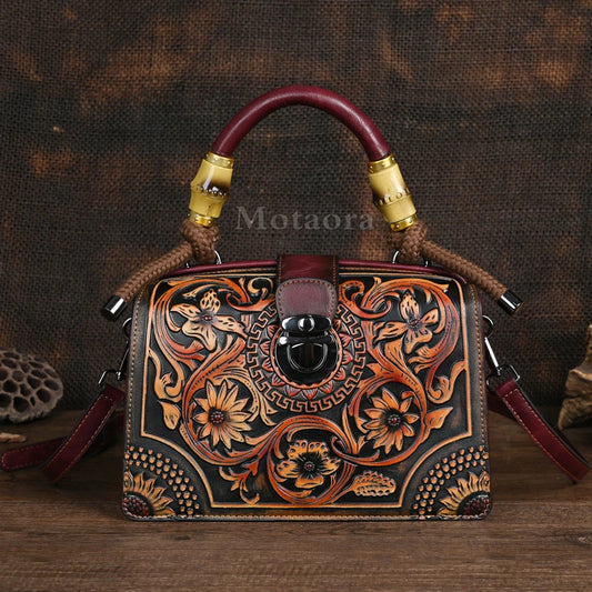 Floral Engraved Handmade Leather Handbag