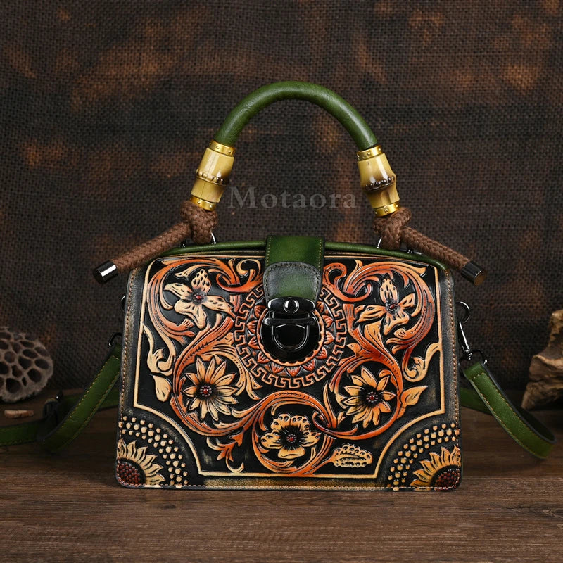 Floral Engraved Handmade Leather Handbag