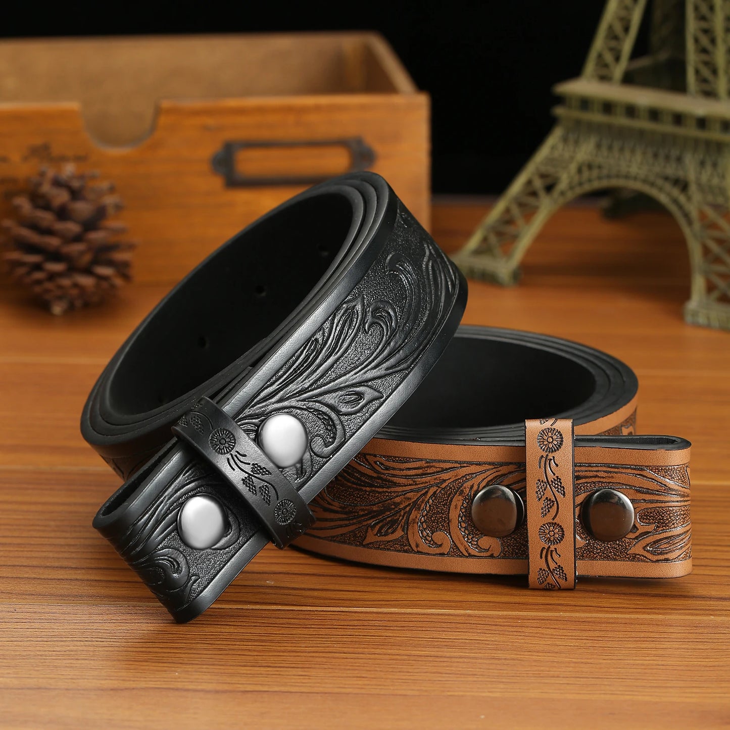 Men's Belt Embossed Button Belt