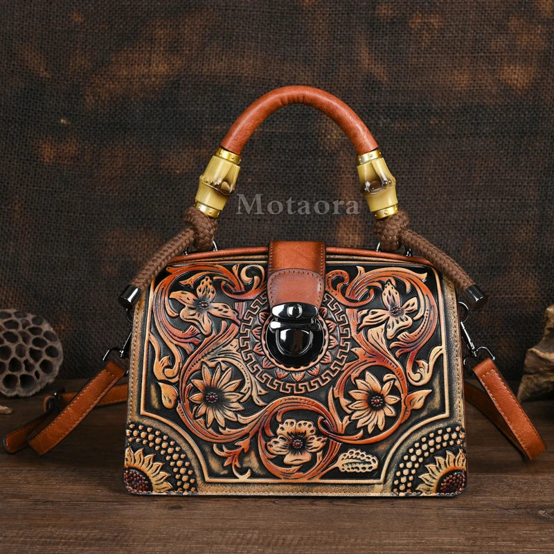 Floral Engraved Handmade Leather Handbag