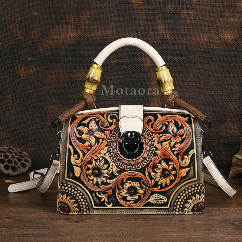 Floral Engraved Handmade Leather Handbag