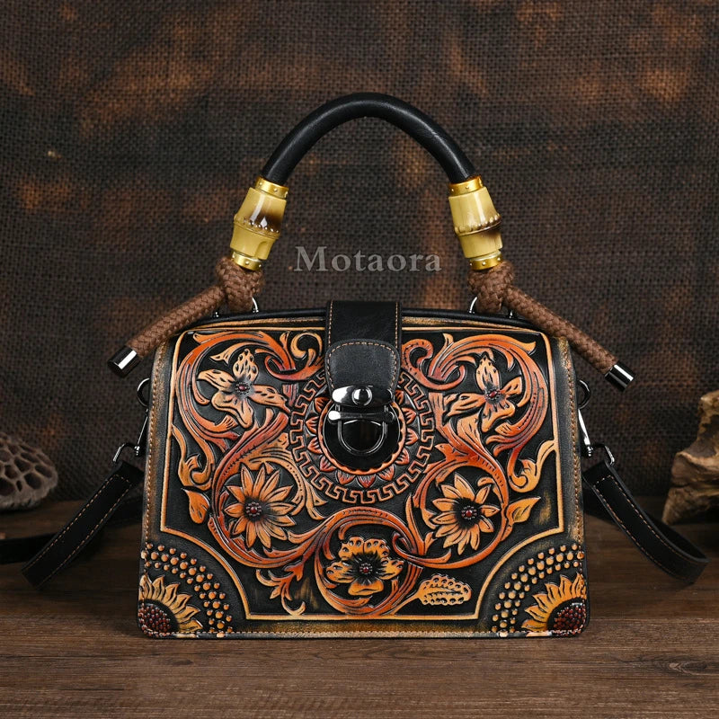 Floral Engraved Handmade Leather Handbag