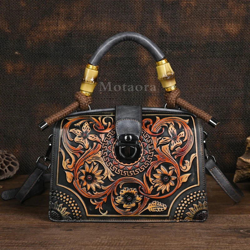 Floral Engraved Handmade Leather Handbag